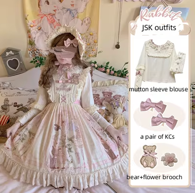 3 Puppets~Rabbit Kingdom~Sweet Lolita JSK and OP Suit S JSK+mutton sleeve blouse+KC+brooch 