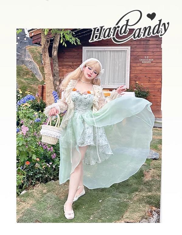 Yingtang~Plus Size Green Lolita Jumper Dress Spring Floral Lolita Dress Caidigan Set   