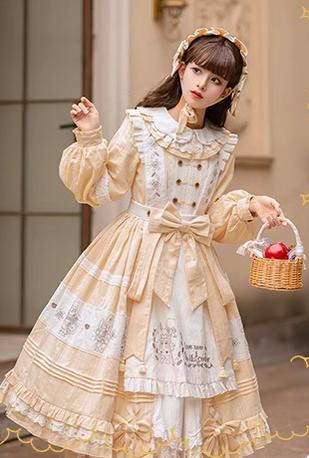 Sun Moon Star~Walnut~Sweet Lolita OP Dress Long Sleeve Dress BNT Apron   