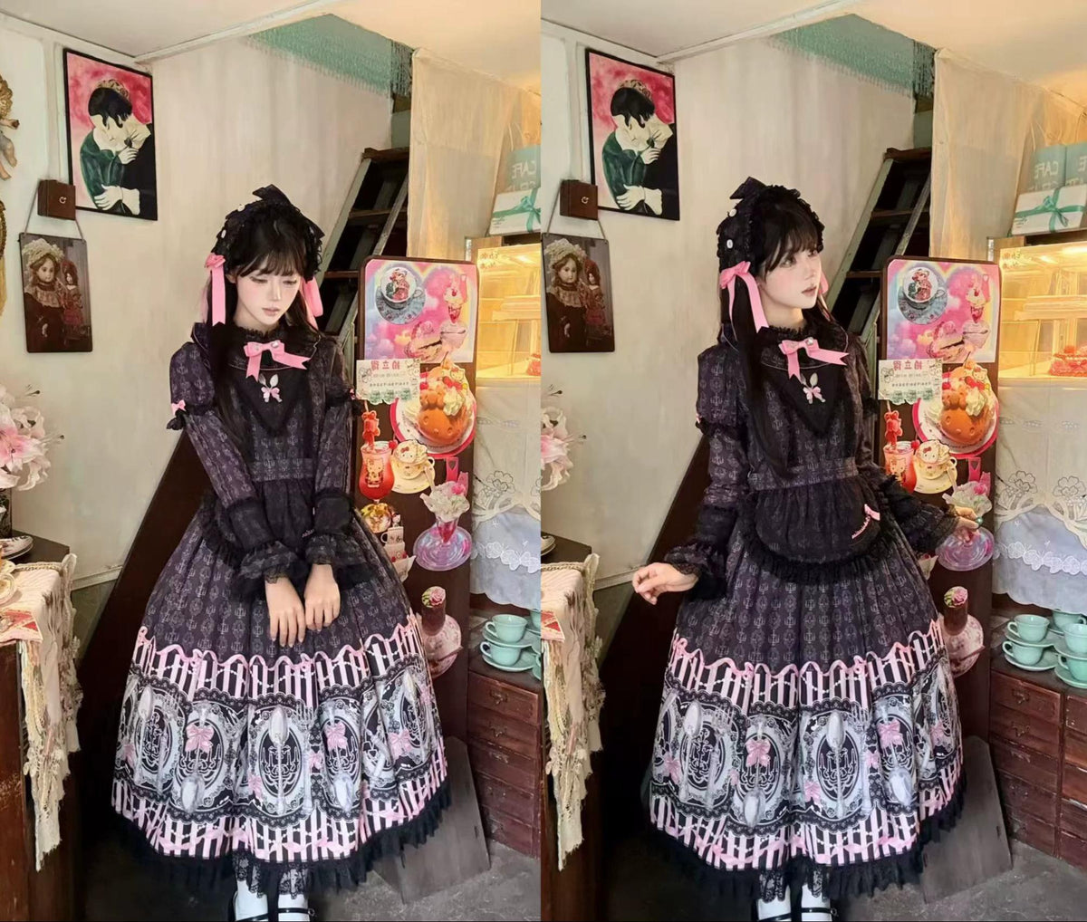 Clara Table - Dark Sweet Lolita SK & JSK Dress Set, Candelabra Tableware Print 45979:870496