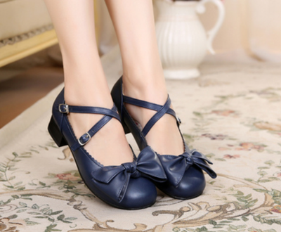 Sosic~Bow and Low Heel Cross Band Lolita Leather Shoes 34 cyanotic blue 
