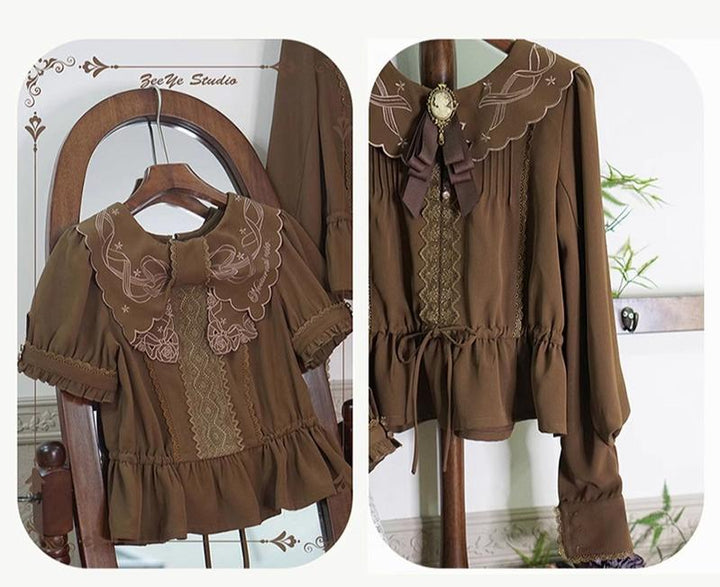 ZeeYe~Night Rose~Classic Lolita Shirt Double Layer Bow Embroidered Versatile Blouse S Brown non-hollow out short sleeve 