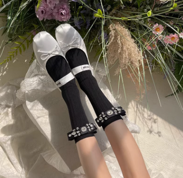 WAGUIR~Y2K Lolita Cotton Mid-Calf Socks free size black 