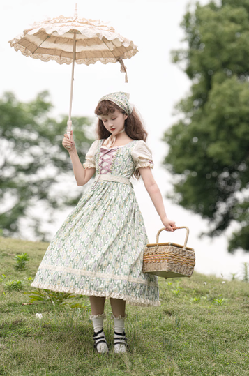 Miss Point~Elegant Lolita Short Sleeve Floral OP short customizing size green