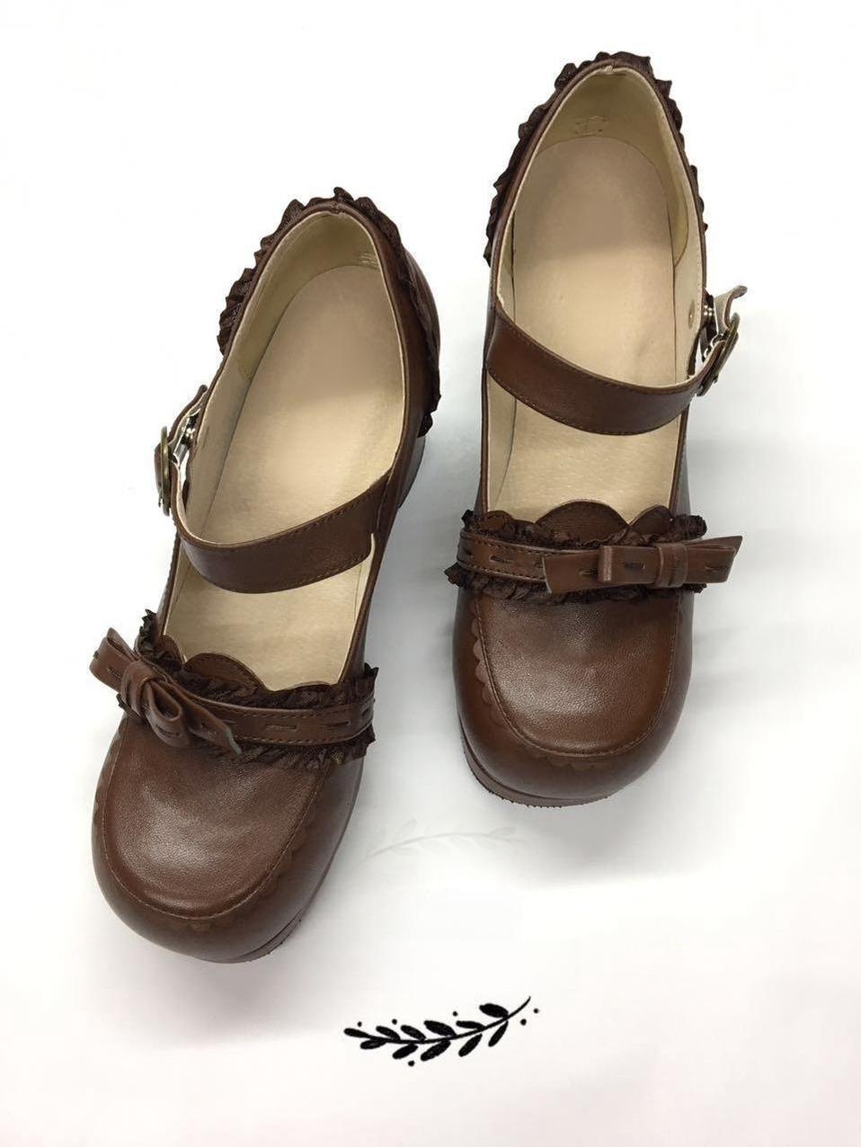 Bow Lace Customized Lolita Shoes 34 brown