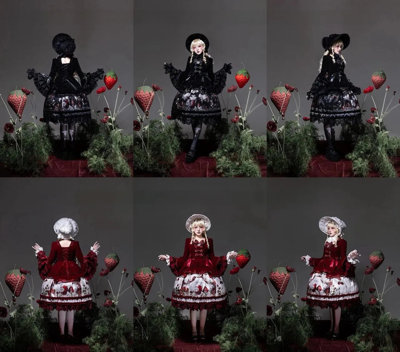 Monster Strawberry Hunt - Gothic Lolita Strawberry Printed Velvet Dress Set 45737:859928