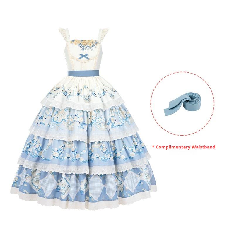 With PUJI - Letter and Poetry - Classic Lolita JSK Suit Four-tiered Twins Dress Blue JSK+waistband S