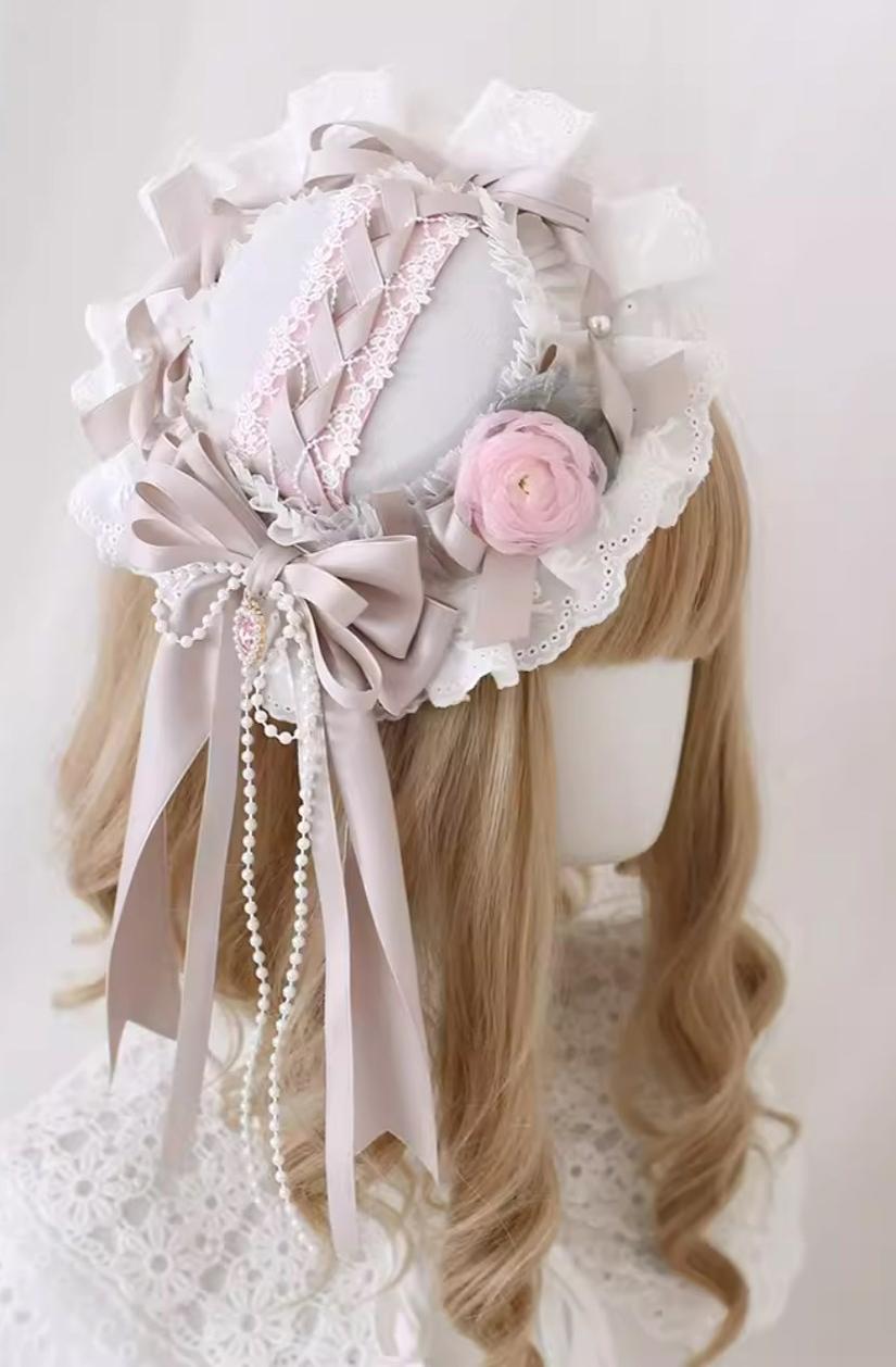 Xiaogui~Four Seasons Floral~Sweet Lolita Headdress Bow Lace KC Top Hat 17cm small top hat with fixed clip  