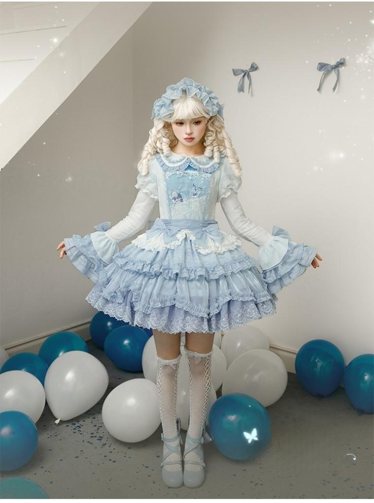Honey Machine - Blue Whale - Sweet Lolita OP Suit Tiered Ruffle Dress with Shell Lace OP + Detachable Sleeves S
