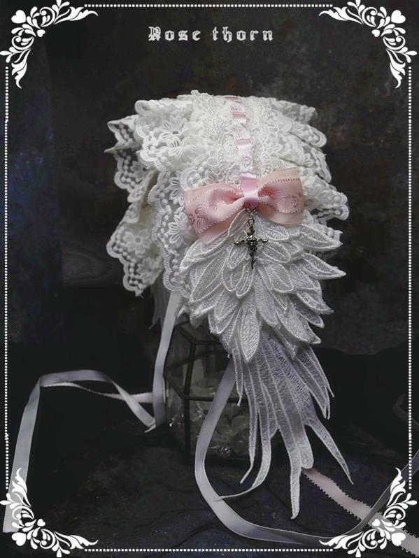 Rose Thorn - Angel Wings - Embroidered Crafted Headband Elegant Lolita Hair Accessories White + pink