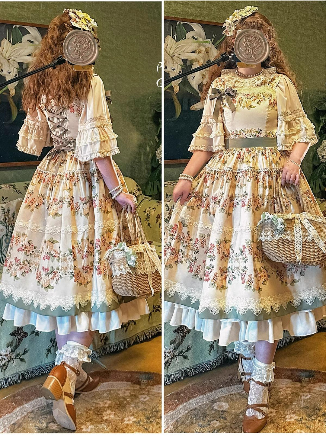 Surface Spell - Blooming Roses Over a Porch - Cotton Elegant Lolita JSK Dress, Floral Print