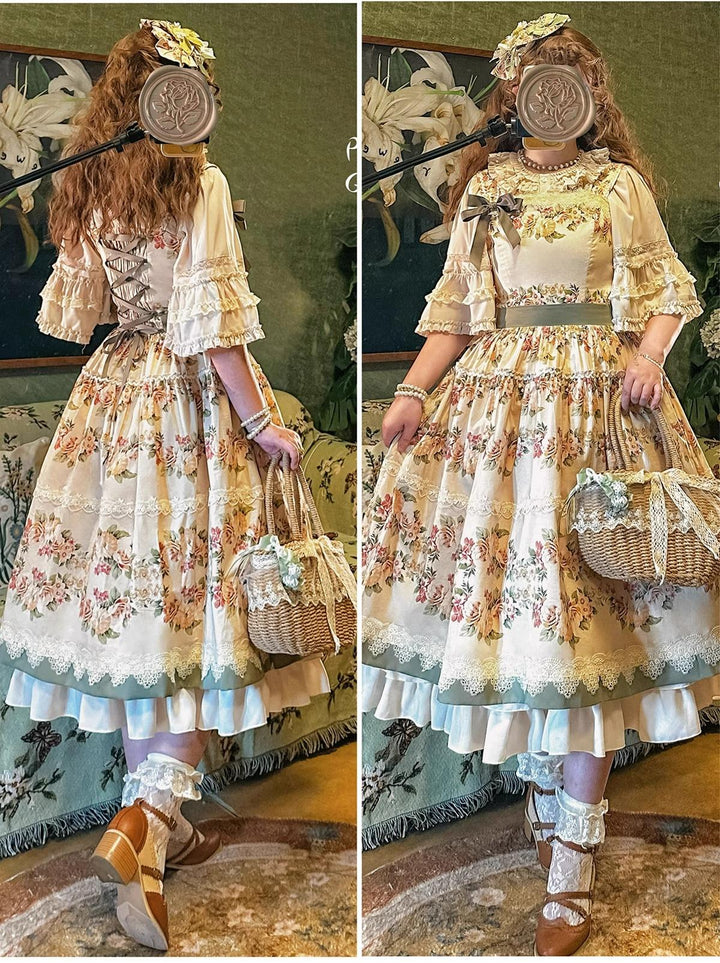 Surface Spell - Blooming Roses Over a Porch - Cotton Elegant Lolita JSK Dress, Floral Print
