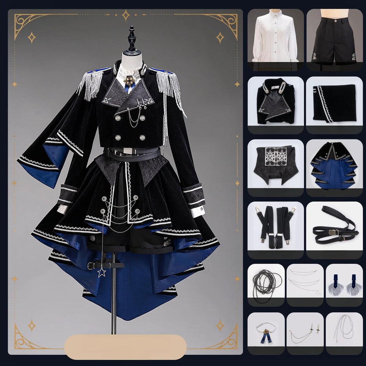 Canticle of Rites - Military Ouji Lolita Jacket & Shorts Set, Detachable Train Black-Blue 14-Piece Set S Pre-order
