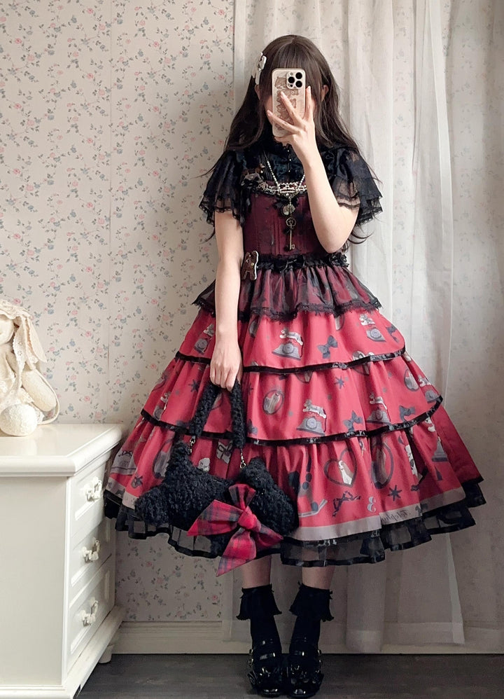 LittlePlum~Telephone Dog~Black Red Classic Lolita Dress Set with OP JSK and Skirt