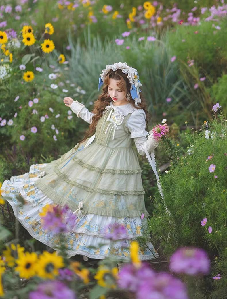 Flower Rabbit Bear - Country Lolita Tiered Skirt Dress, Floral & Bear Print