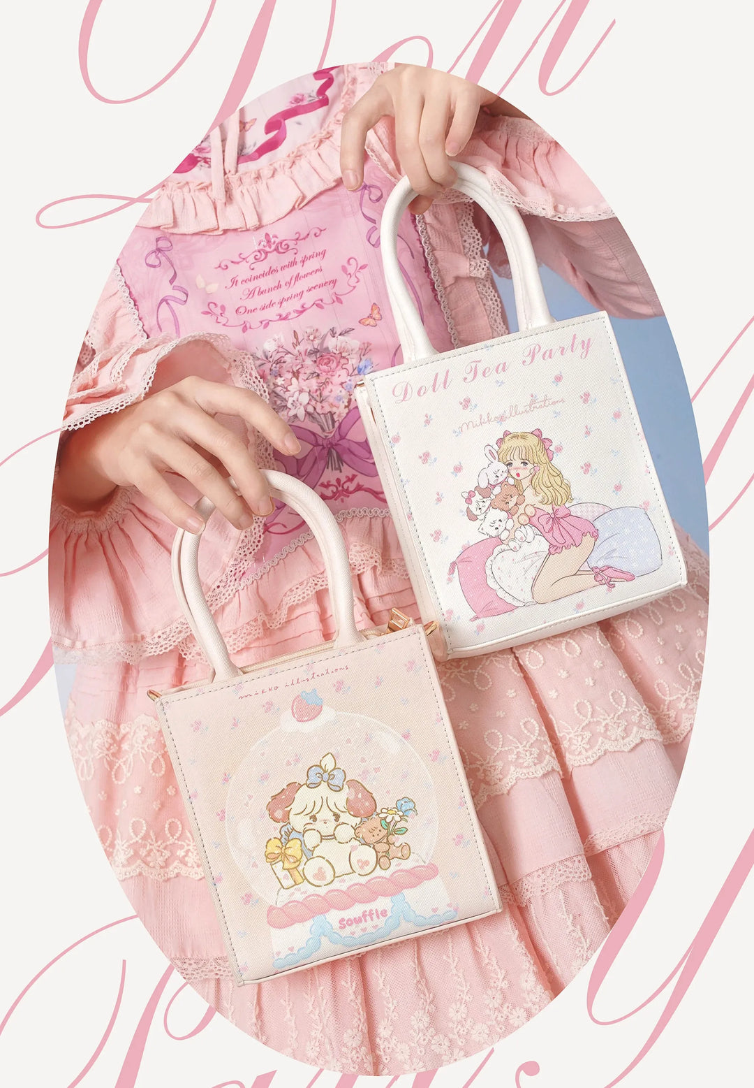 Doll tea party~IP Collab Kawaii Lolita Crossbody Handbag Mini Tote Bag   