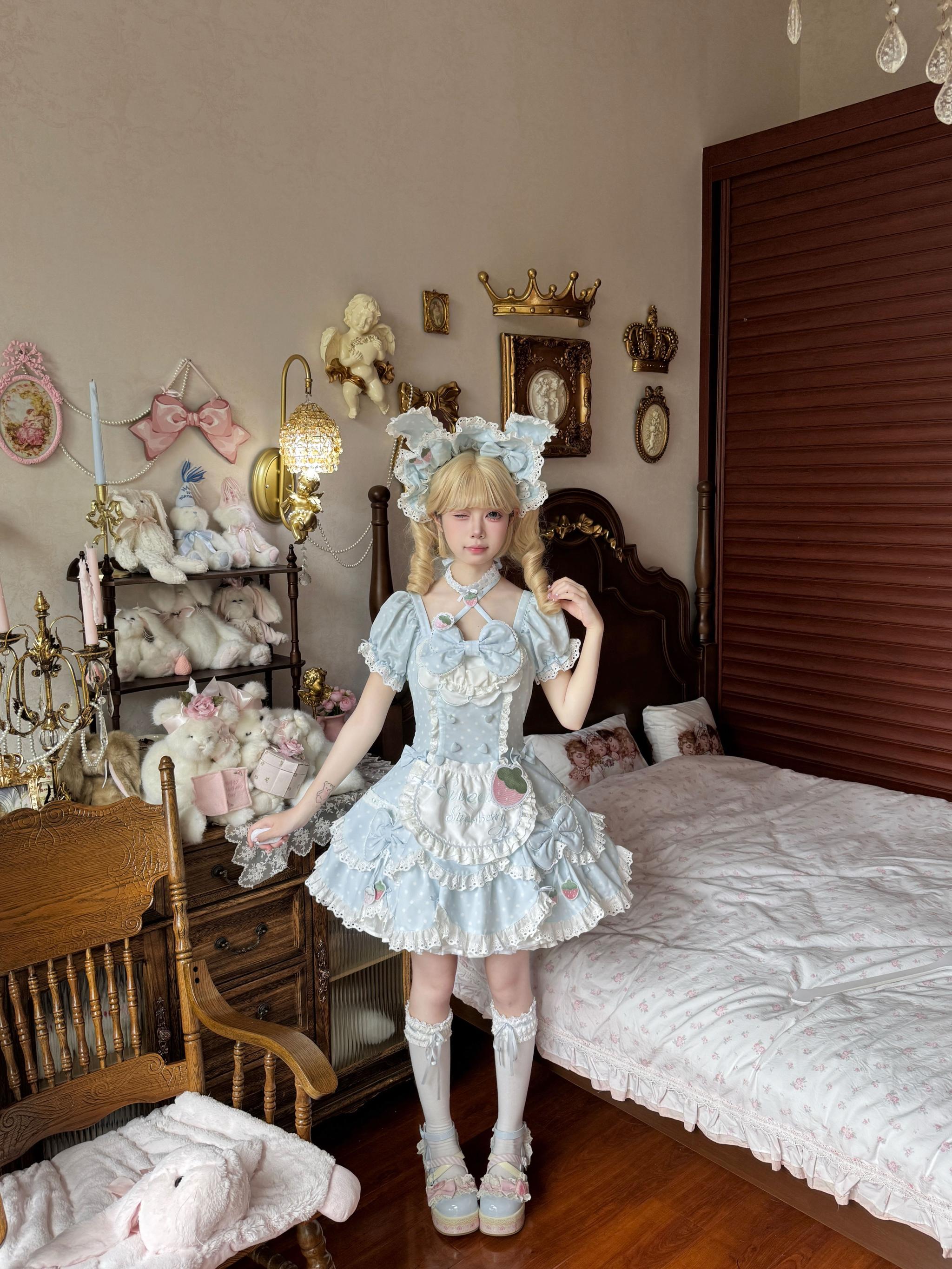 Salty Cream - Strawberry Polka Dot - Sweet Lolita OP Dress, Detachable Apron