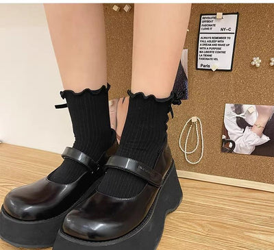 WAGUIR~Kawaii Lolita Socks Flocking Ruffle Bow Socks   