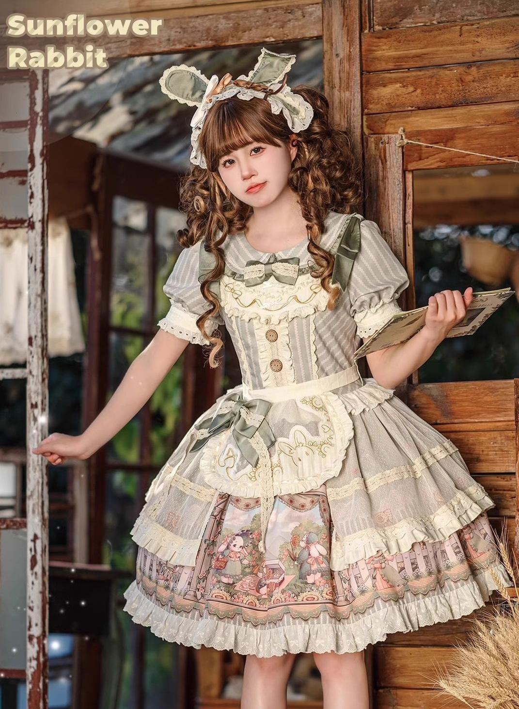 Honey Machine~Sunflower Rabbit~Kawaii Lolita OP Set with Bunny Prints and Hairband