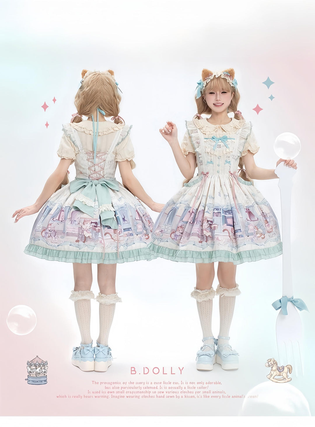 Baduoni~Dream Core Childhood~Kitty Printed Sweet Lolita JSK with Cute Headband