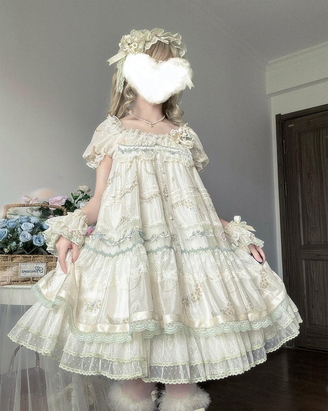 Daisy Poetry - Classic Lolita Lace JSK & OP Dress, Daisy Print and Embroidery 45825:864059