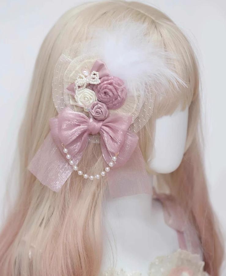(BFM)The Accessories' Story~Satin Ballet~Sweet Pink Lolita Headdress Feather Bow Flower pin  