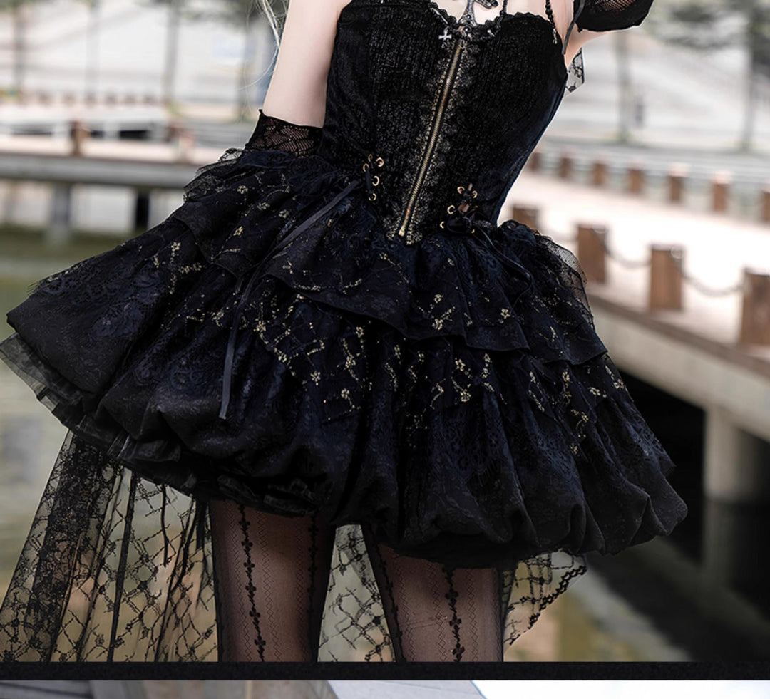 Another Walker~Night and Night Furan~Gothic Lolita Fishtail Skirt Set Black Lolita Set S Black dress trailing 