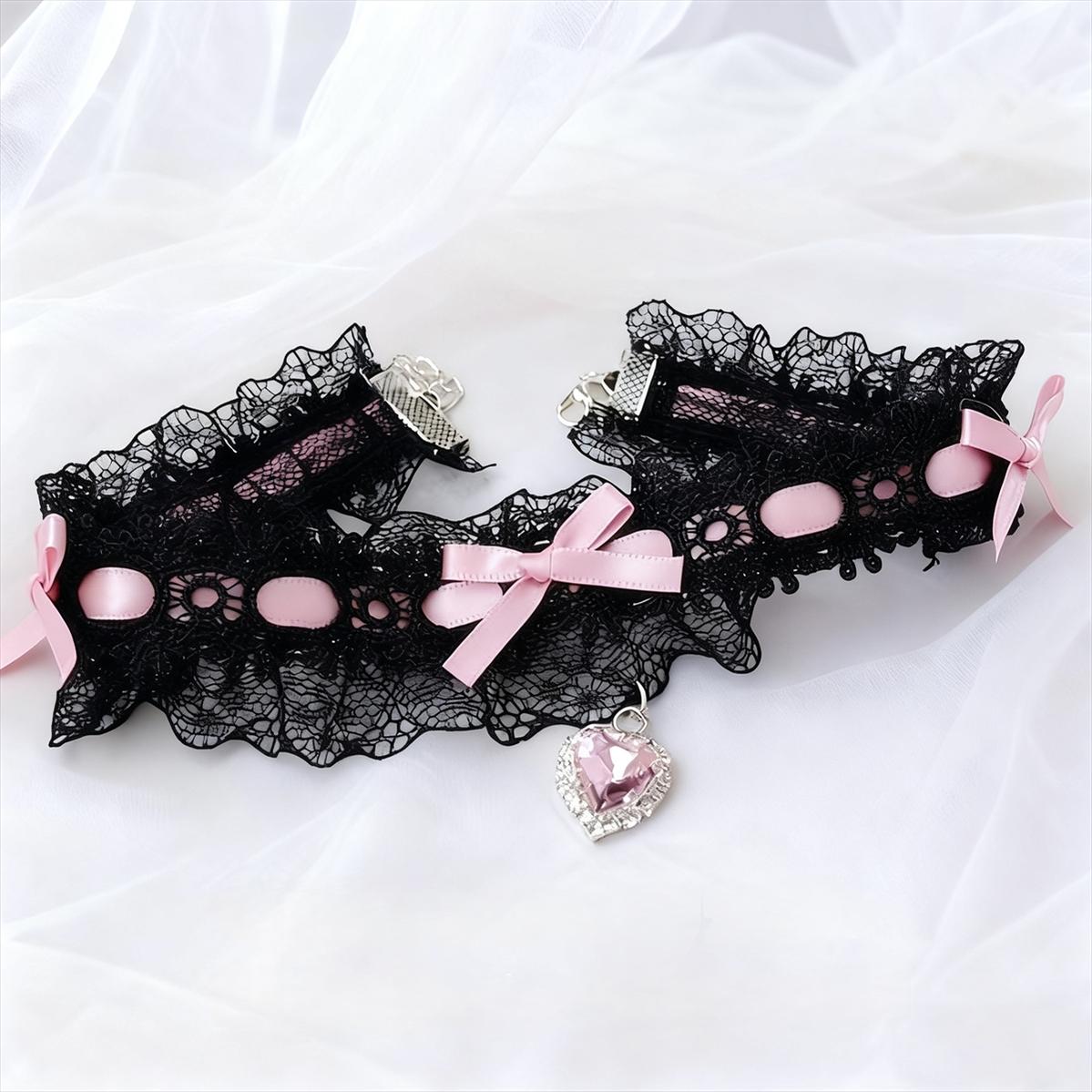Sweet Lolita Choker, Heart Rhinestone & Bows (黑粉色) 45011:831670