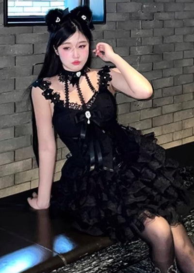 (BFM)Diamond Honey~Pure Love Commemoration~Wedding Lolita Dress Suit Lace Bridal SK Free size Black (top + skirt + back bow + trailing) 