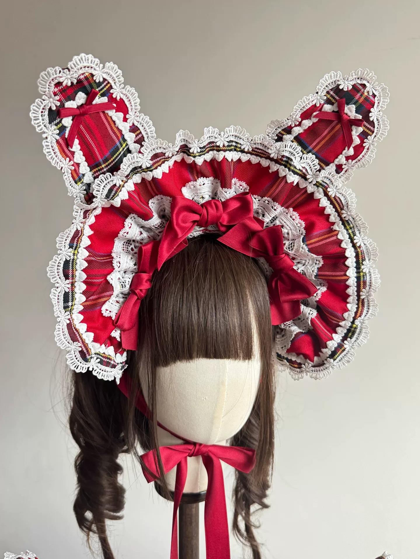Red Plaid Lolita Headdress, Wire-edged Bunny Ear BNT Bunny Ear BNT