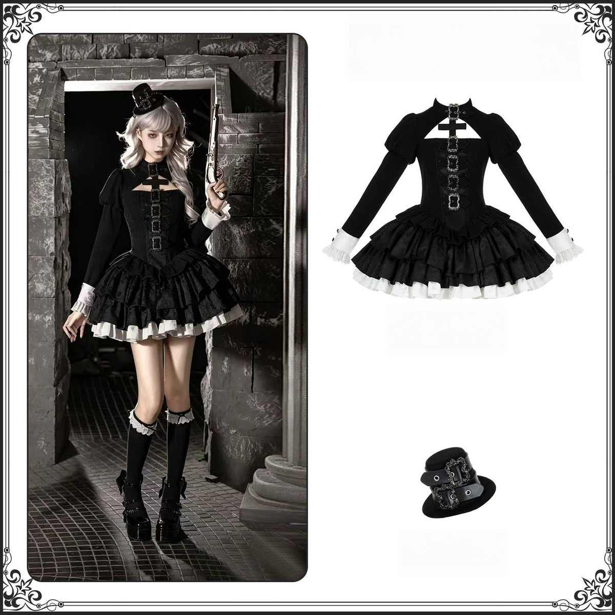 Klein - Black and White Gothic Lolita OP Dress Set, Metal D-rings (L M S) 45996:871478