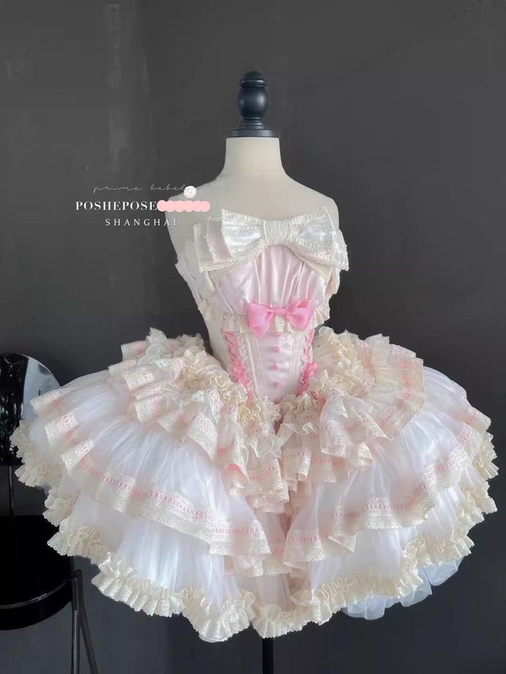 POSHEPOSE~Limited Gratitude Collection~Sweet Lolita Dress High-end Tiered Skirt Dress XS Pink Satin Ballet (Peach Pink) 