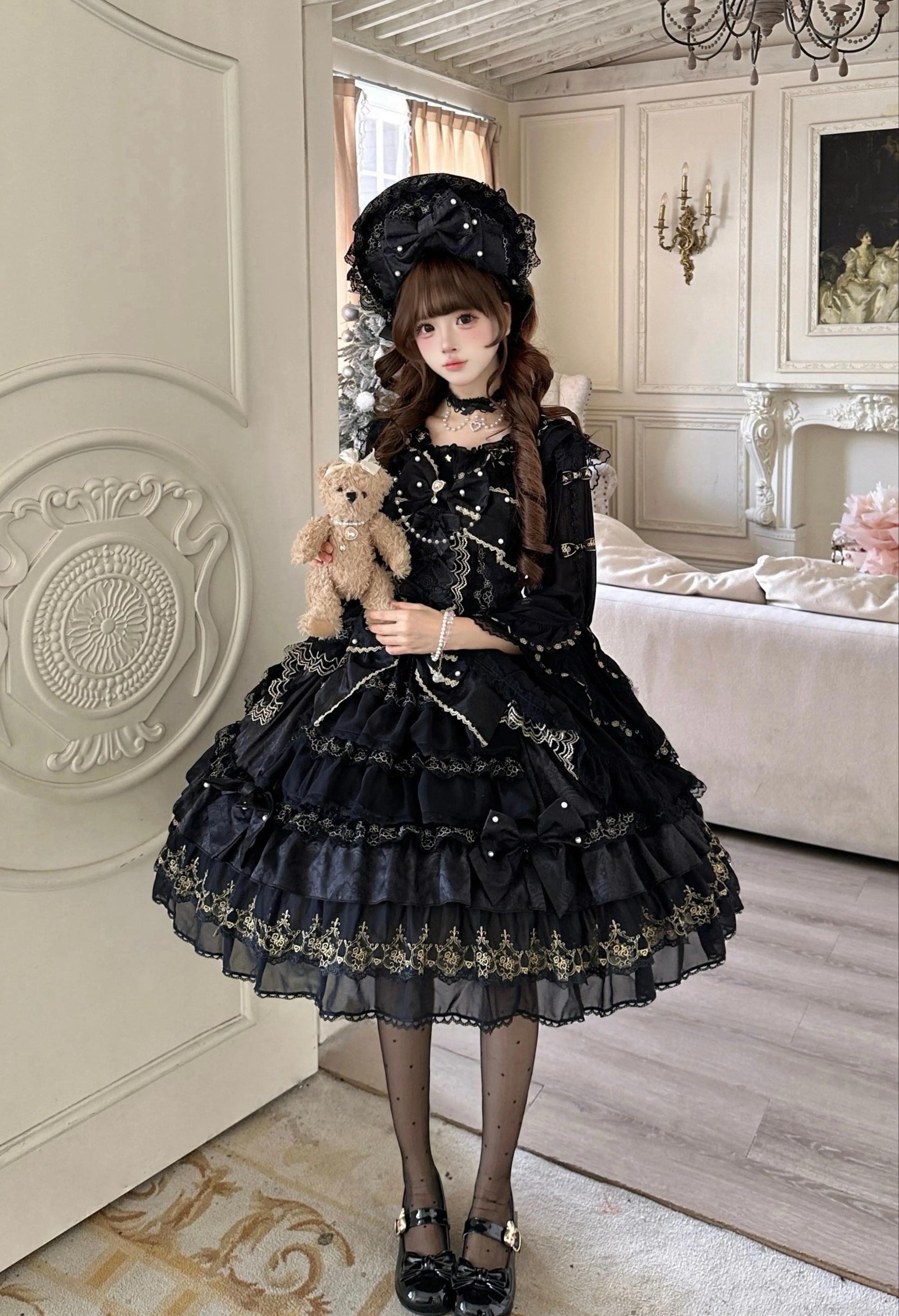Slumbering Pearl Curtain - Sweet Lolita JSK Dress, Pearl Bows and Layered Lace 45780:862502