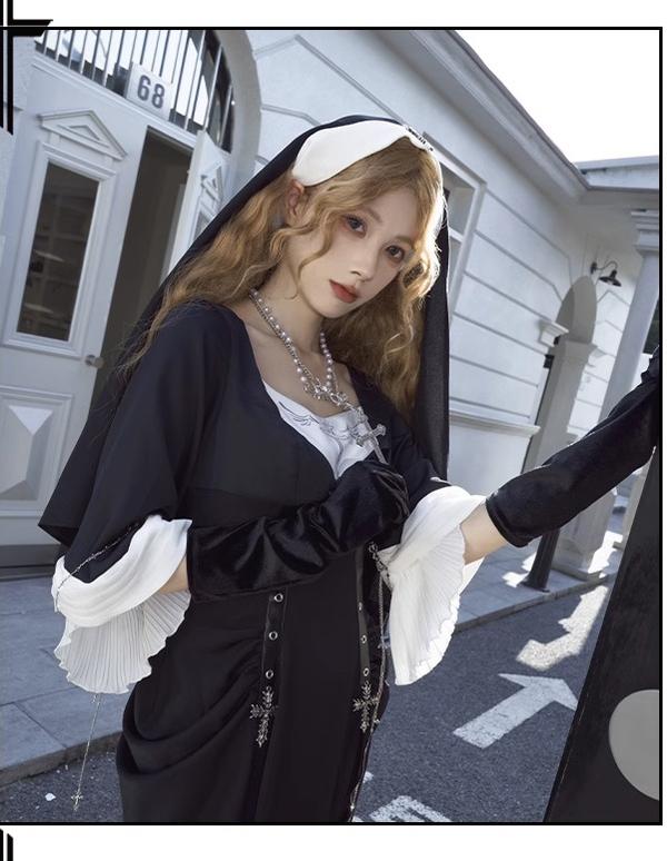 CHUNLV LOLITA~Night Cathedral~Halloween Nun Lolita OP Suit Gothic Dress Set Necklace + Gloves Only S