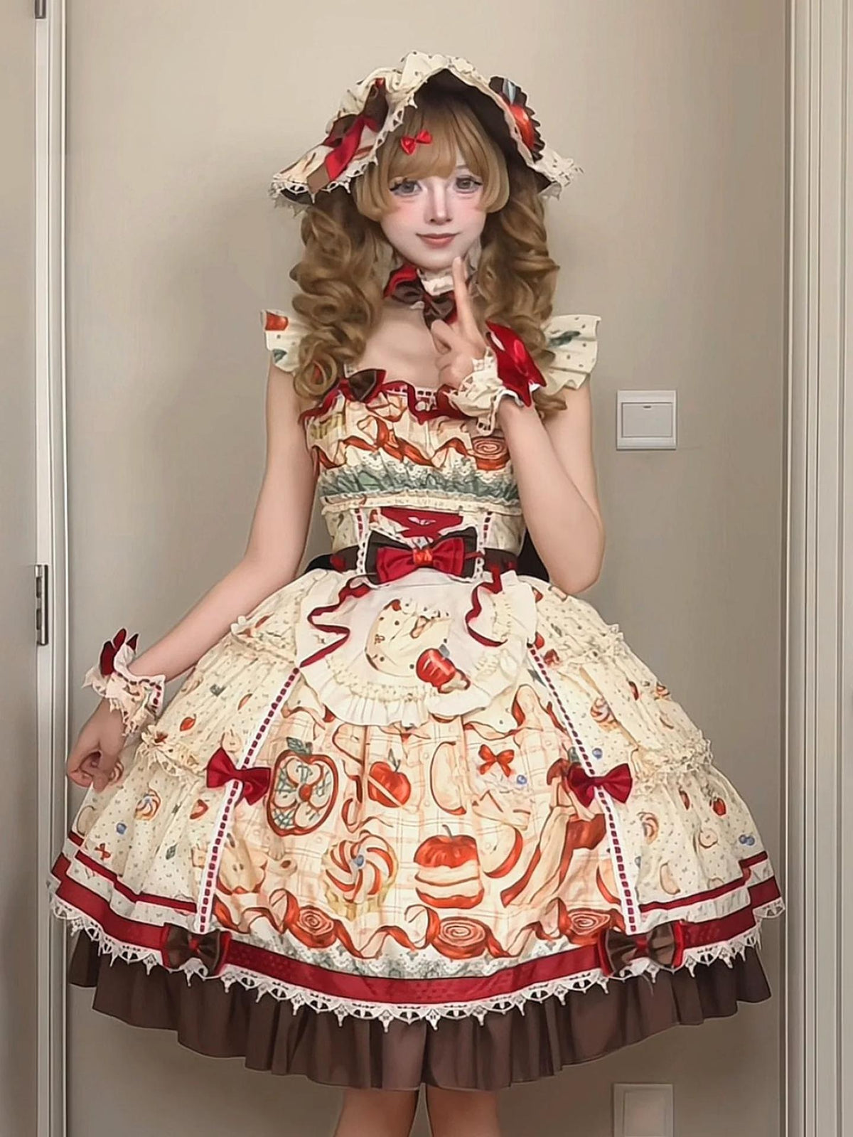 Maple Apple Tart - Sweet Lolita JSK Dress Set, Apple Pie Print (L M S XL) 46100:875122