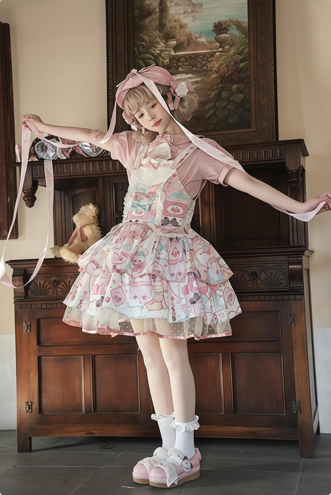 LittlePlum~Showa Strawberry Diary~Sweet Lolita Dress Outfit Printed Showa Era JSK Set