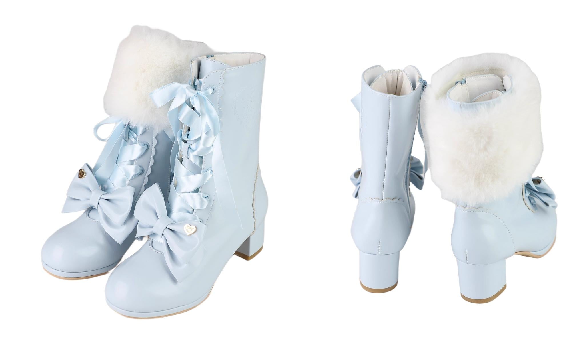 Sheep Puff - Snowy Mochi - Kawaii Lolita Winter Boots, Detachable Fur Trim (蓝色 / 35 36 37 38 39 40) 43995:791514