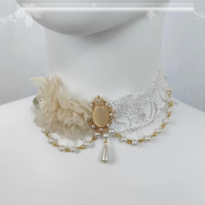 Cocoa Jam~Elegant Lolita Necklace Rose Gemstones and Pearl Necklace white champagne  