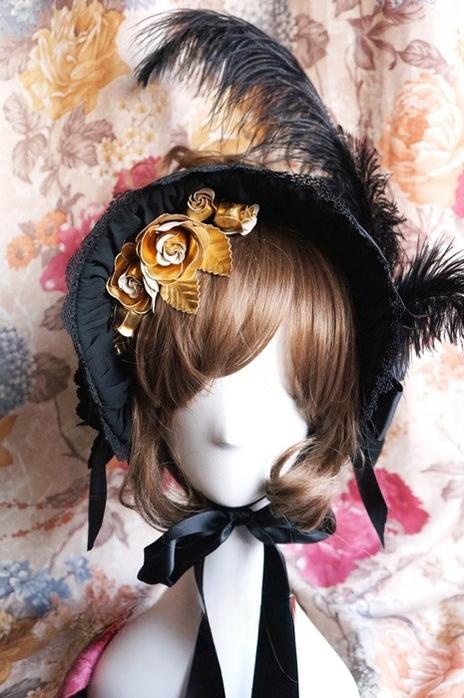 Surface Spell~Gothic Lolita Half Bonnet Beautiful Feather Lolita Hat Black  