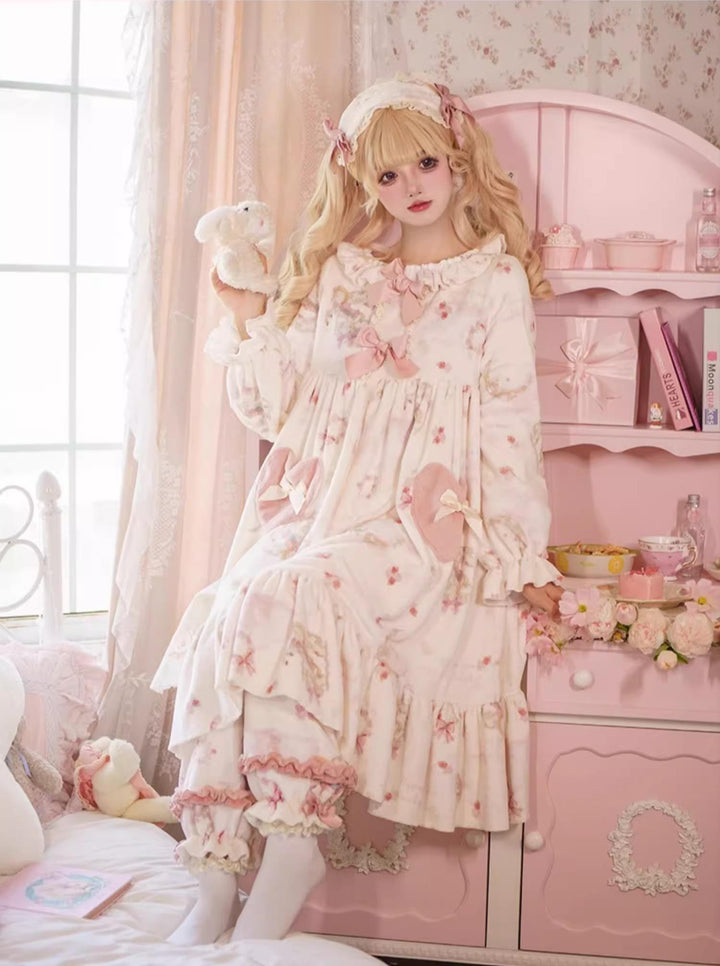 Baduoni~Starry With Moon~Winter Sweet Lolita Nightgown Dress Flannel Dree with Pants