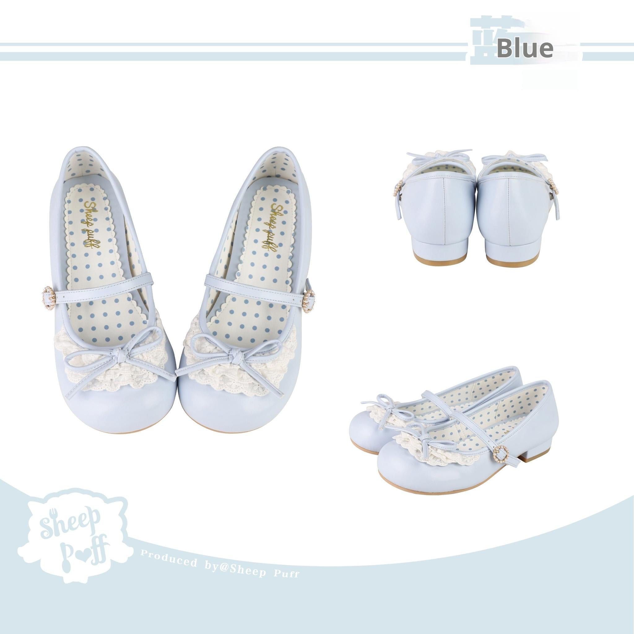 Sheep Puff - Young Layla - Vintage Lolita Shoes Low Heel Butterfly Shoes 34 Blue - low heels
