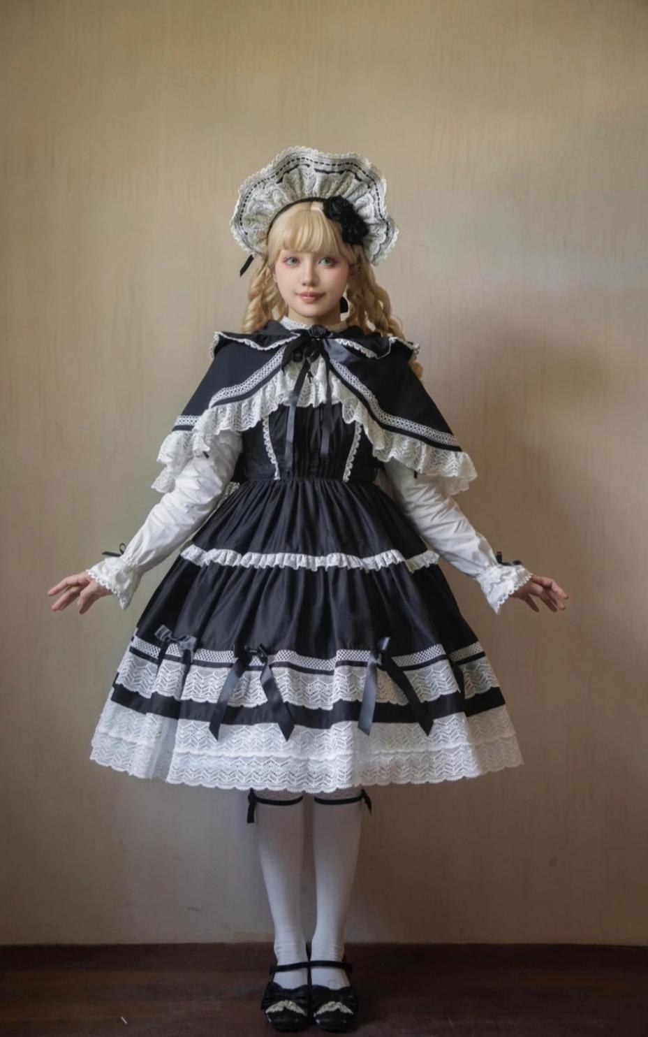 Edelburg Rose - Old School Lolita Cotton OP Dress Set, Detachable Sleeves 45685:859156