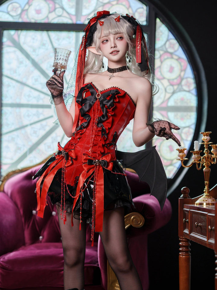 Signorina~Daydreamer~Gothic Lolita Shorts Set Lolita Fishbone Corset S Little Devil Set(red-black) 