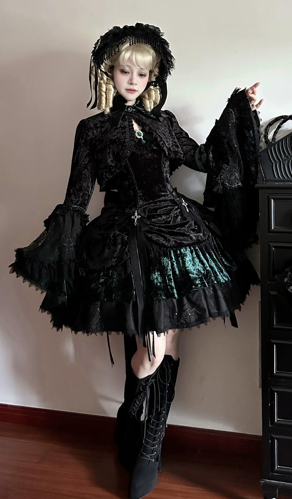 Dark Raven Poem - Gothic Lolita JSK & Bolero Dress Set, Diamond Velvet 45967:869803