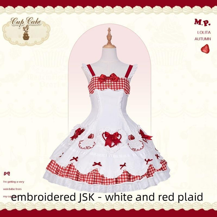 Mademoiselle Pearl - Cup Cake - White, Red Bow, Sweet Lolita Dress Set (F L M S XL XS) 43333:773909