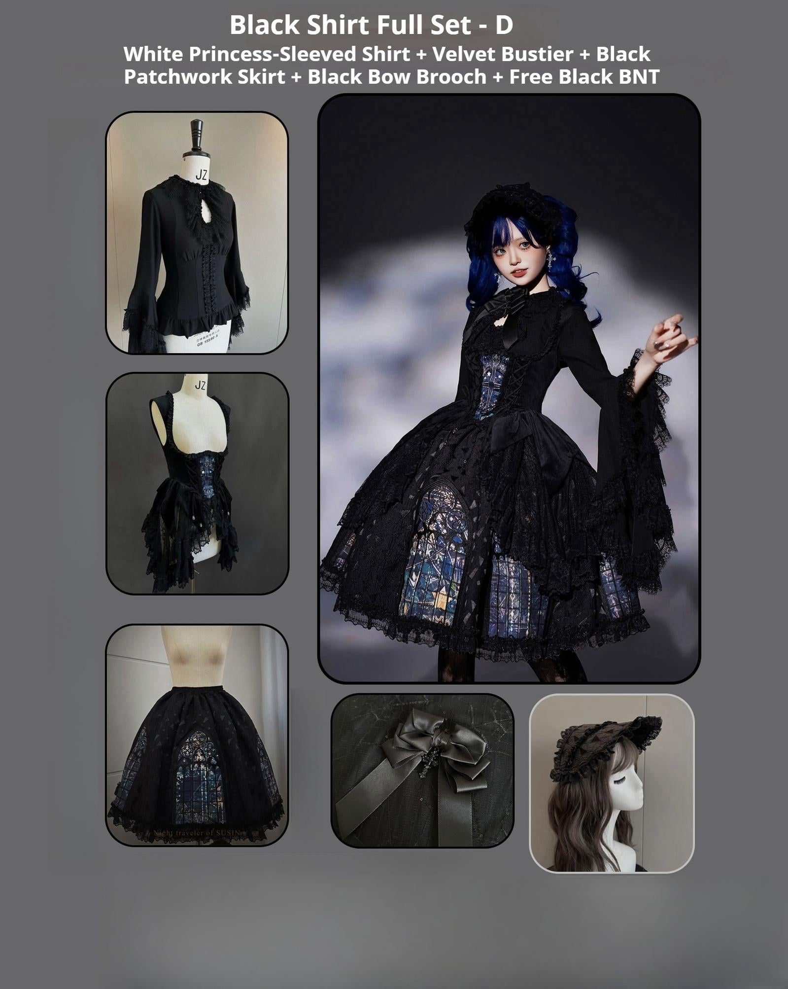 Susin Lolita - Night Traveler - Gothic Lolita Skirt Outfit Long Coat Shirt and Bustier Set (L M S XL) 42118:727535