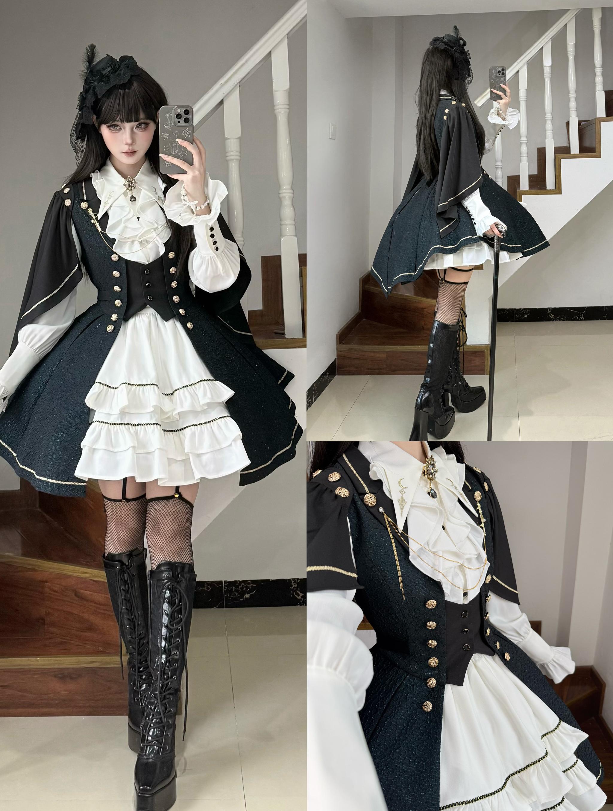 Fallen Moon Code - Retro Military Lolita Capelet-Sleeve Set: Vest, Skirt & Pants
