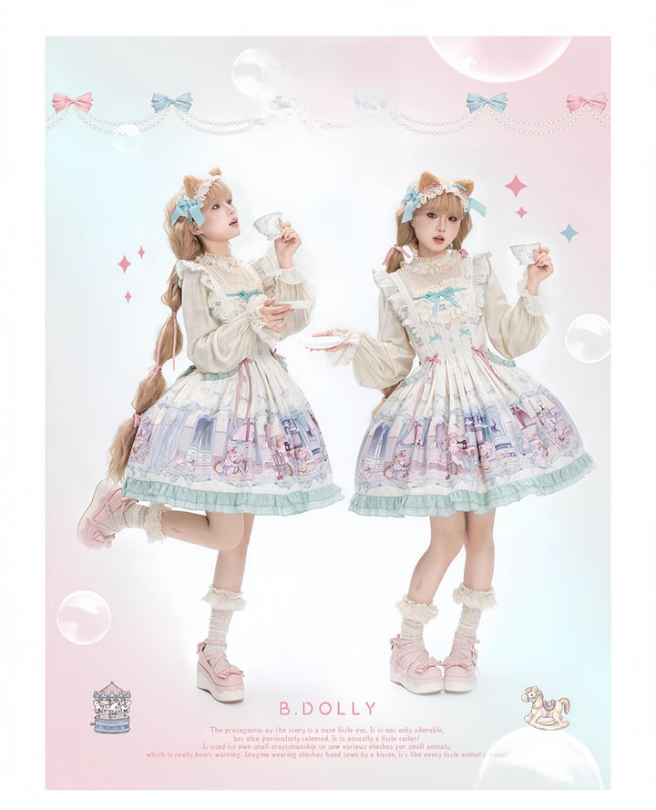 Baduoni~Dream Core Childhood~Kitty Printed Sweet Lolita JSK with Cute Headband