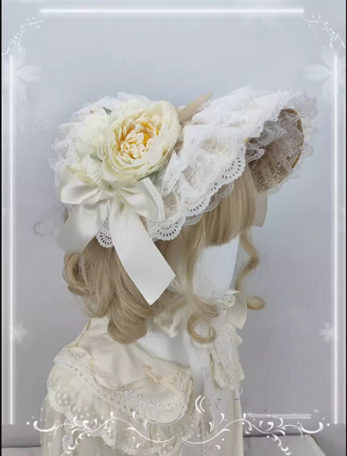 Cocoa Jam~Country Lolita Bonnet Lace Flower Flat Cap Multicolors Customized ivory  