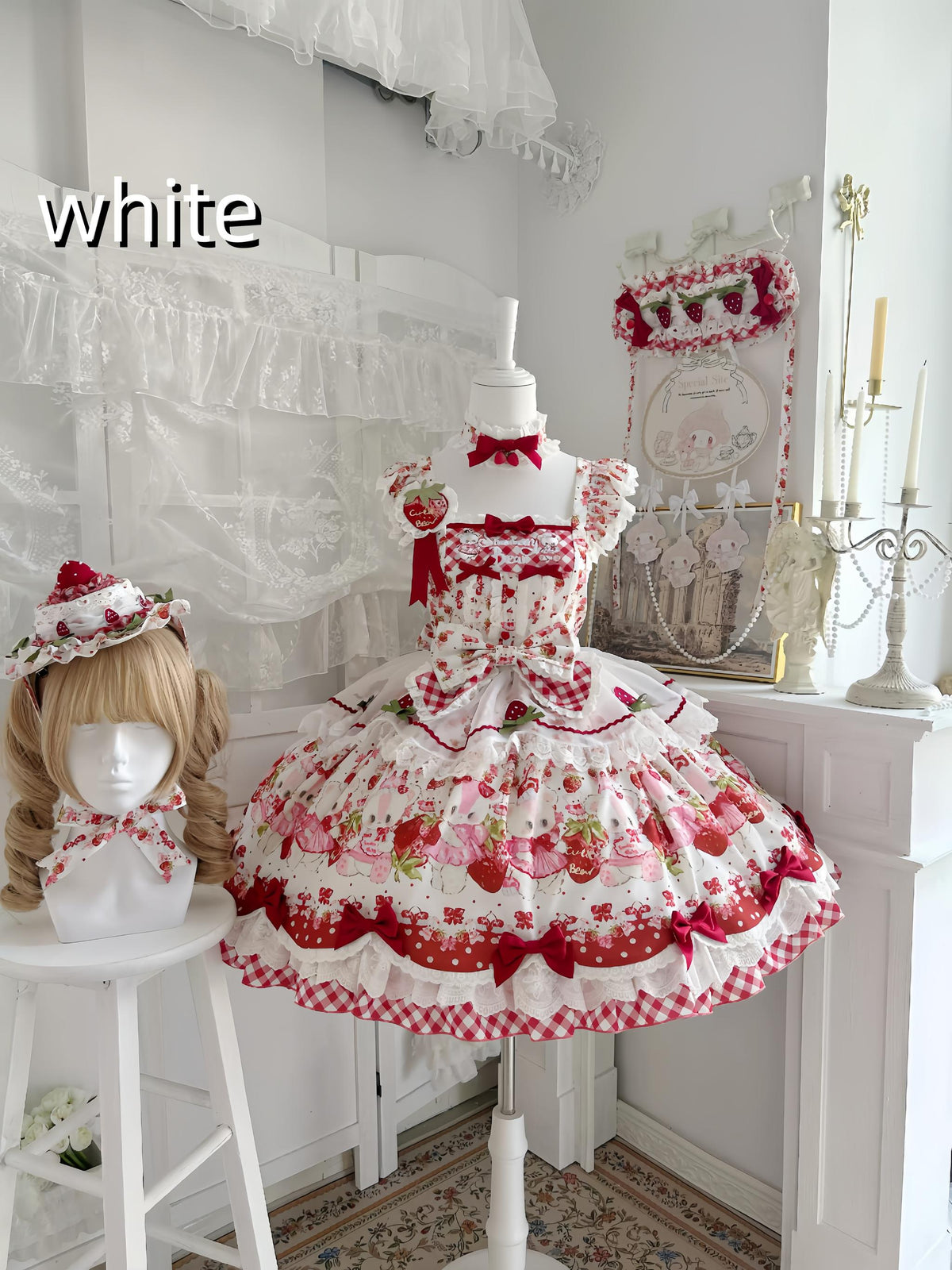 Berry Bear Whisper - Sweet Lolita JSK Set, Strawberry Bear Themed Print (2XL 3XL 4XL L M S XL XS) 45904:867673